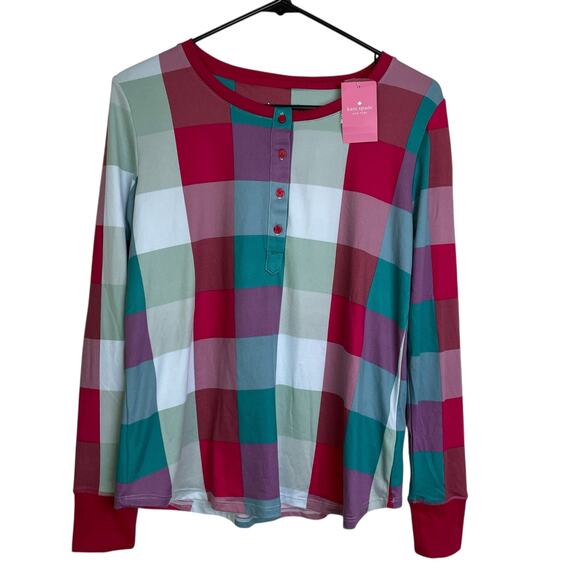 Kate Spade Henley Long Sleeve Pajama Top Small Check Button Pink Multi Cotton - Picture 1 of 13